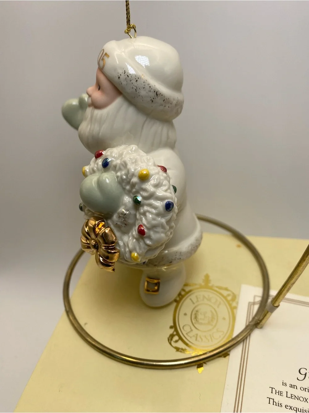 Lenox White Santa 2005 Ornament with Wreath and Pastel Gifts
